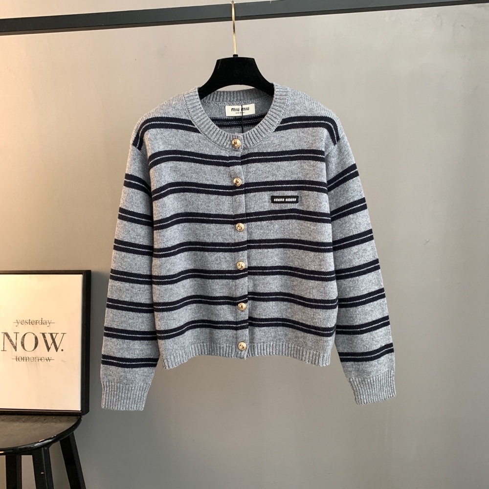 Miu Miu Striped Crewneck Cardigan in Light Gray and Navy